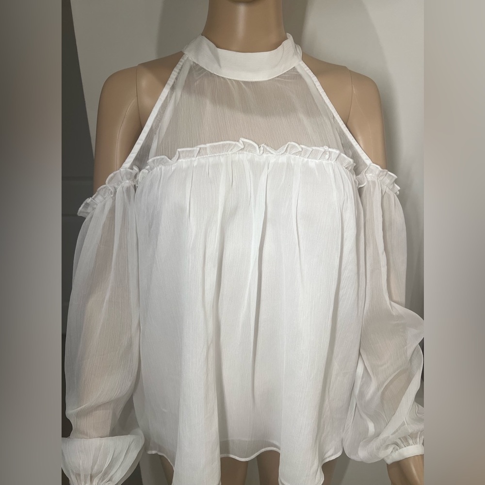 White sheer cut out shoulder halter Top with sheer sleeves & ruffled details